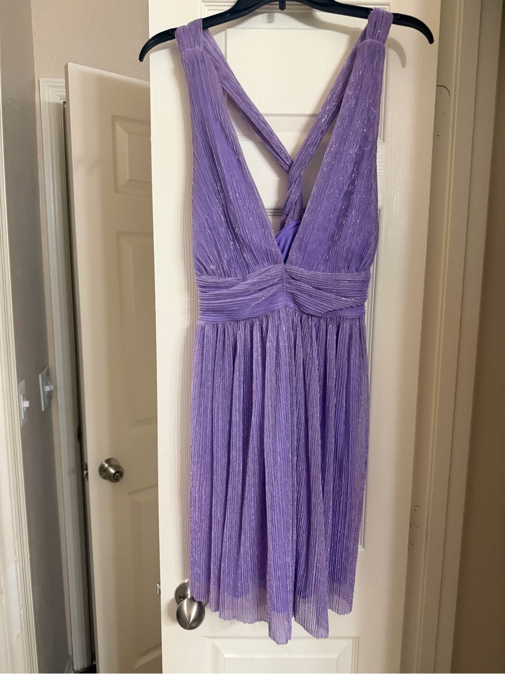 Lavender Plissé V-Neck Party Dress